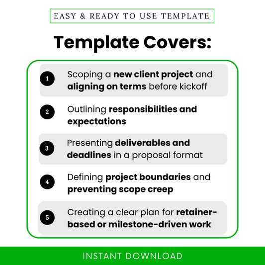 Scope of work template outlining project scope, responsibilities, deliverables, and timelines to prevent scope creep and align client expectations