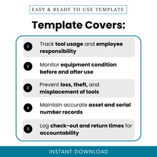 Template to track tool usage, employee responsibility, and equipment condition before and after use. Printable construction log sheet.