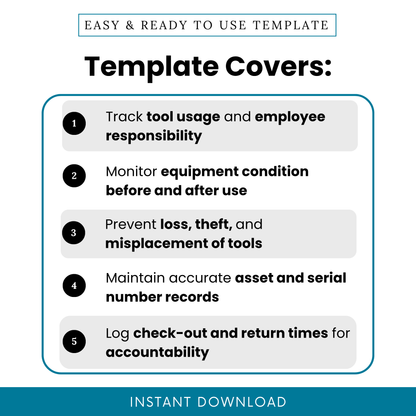 Template to track tool usage, employee responsibility, and equipment condition before and after use. Printable construction log sheet.