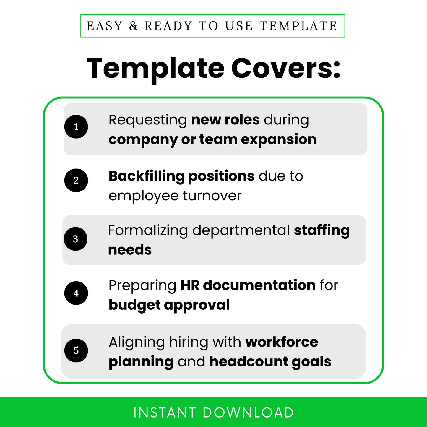 Job requisition template use cases infographic, HR hiring form for new roles, backfill positions, staffing requests, budget approval documentation, workforce planning template