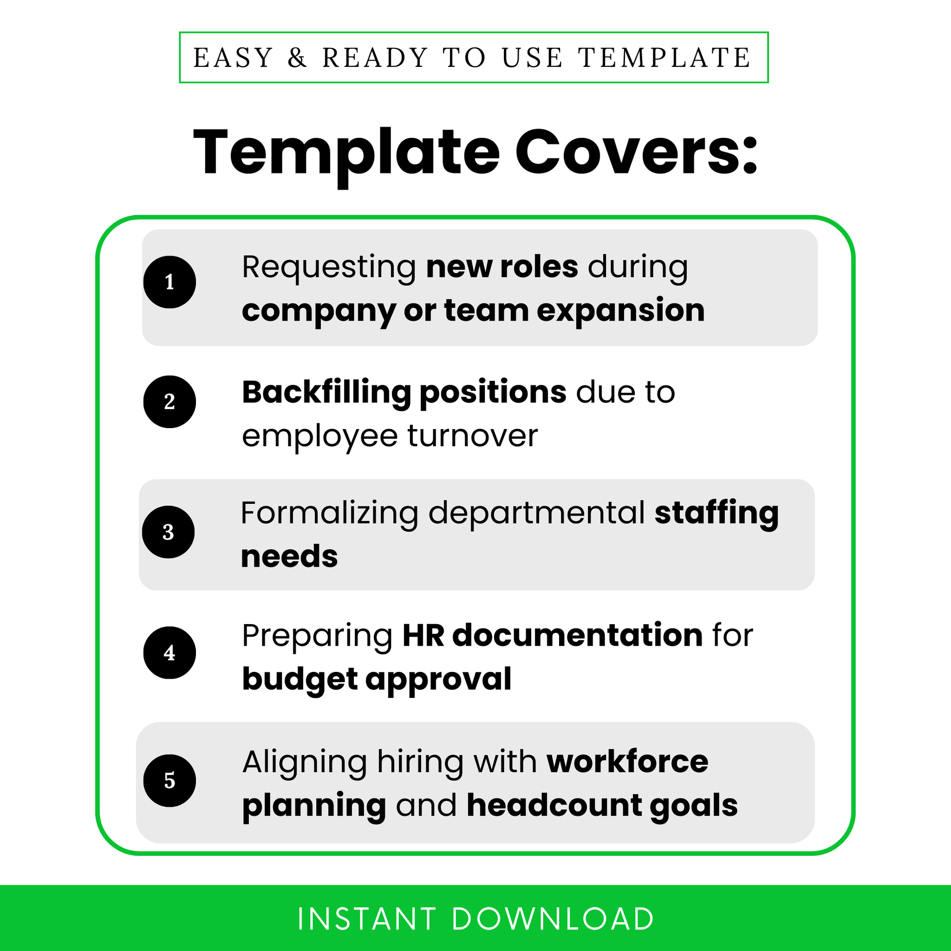 Job requisition template use cases infographic, HR hiring form for new roles, backfill positions, staffing requests, budget approval documentation, workforce planning template