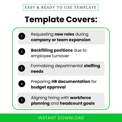 Job requisition template use cases infographic, HR hiring form for new roles, backfill positions, staffing requests, budget approval documentation, workforce planning template