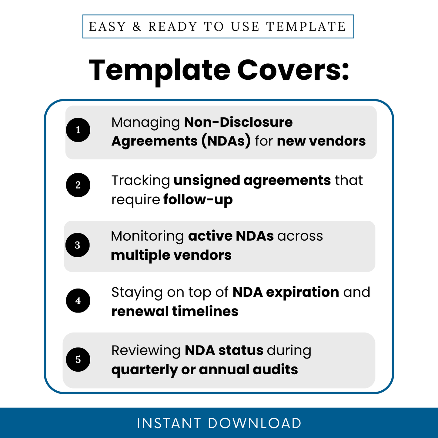 Simple Vendor NDA Template highlighting real-world use cases such as tracking unsigned agreements, managing new vendor NDAs, and monitoring active contracts. This Vendor NDA Tracker Template PDF is perfect for small business owners and teams needing an organized, editable business template for compliance workflows.