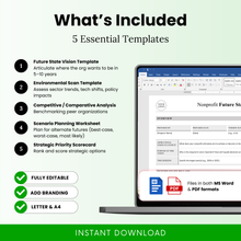 An overview of five essential nonprofit planning templates, including future vision planning, environmental scanning, competitive analysis, scenario planning, and strategic priority scorecards for effective organizational strategy.
