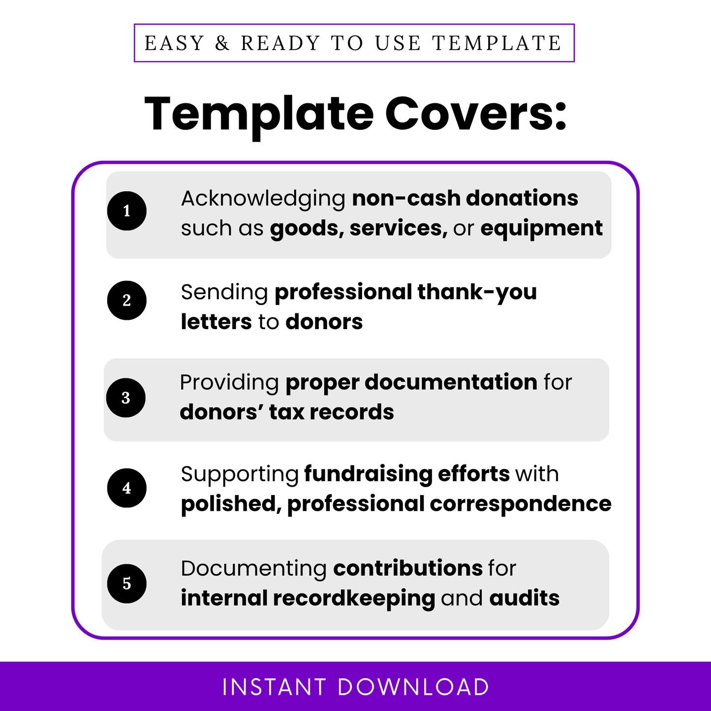 Simple In-Kind Donation Acknowledgment Letter Template highlighting key use cases like documenting non-cash donations and sending donor thank-you letters. This editable nonprofit template helps organizations maintain professional communication and proper tax record documentation.