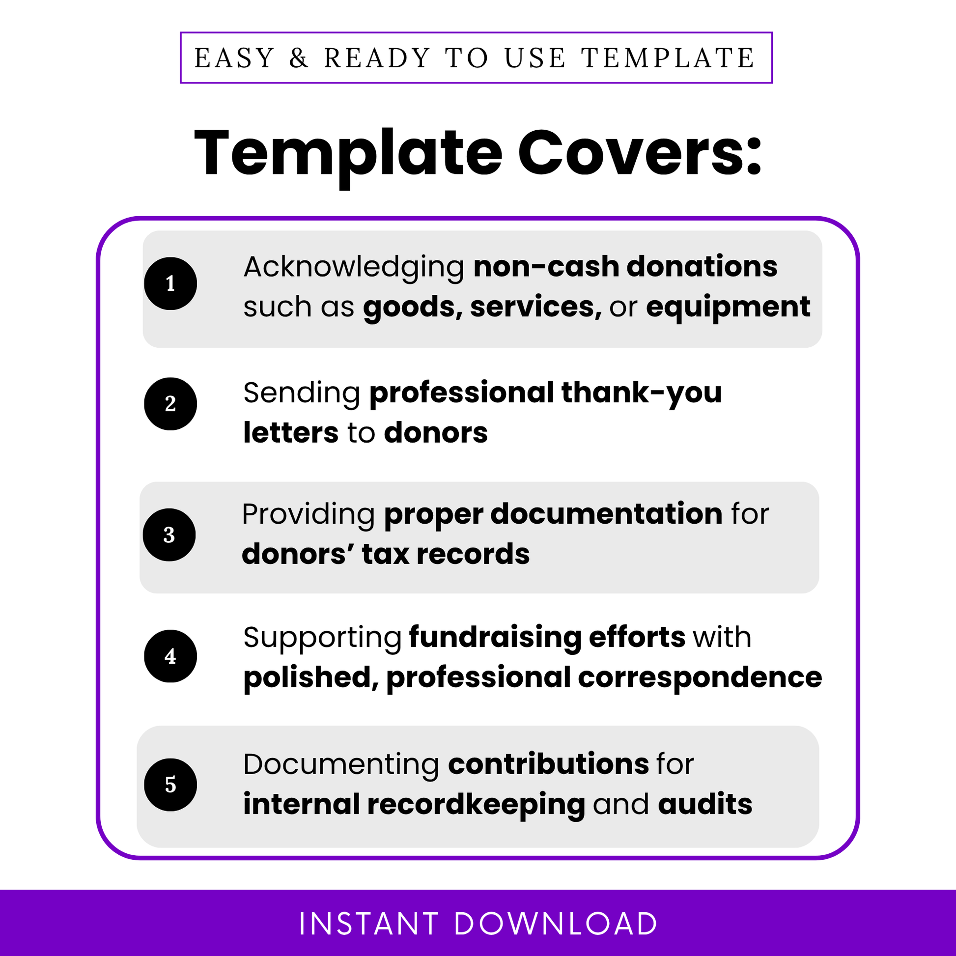 Simple In-Kind Donation Acknowledgment Letter Template highlighting key use cases like documenting non-cash donations and sending donor thank-you letters. This editable nonprofit template helps organizations maintain professional communication and proper tax record documentation.