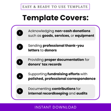 Simple In-Kind Donation Acknowledgment Letter Template highlighting key use cases like documenting non-cash donations and sending donor thank-you letters. This editable nonprofit template helps organizations maintain professional communication and proper tax record documentation.