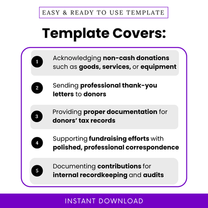 Simple In-Kind Donation Acknowledgment Letter Template highlighting key use cases like documenting non-cash donations and sending donor thank-you letters. This editable nonprofit template helps organizations maintain professional communication and proper tax record documentation.