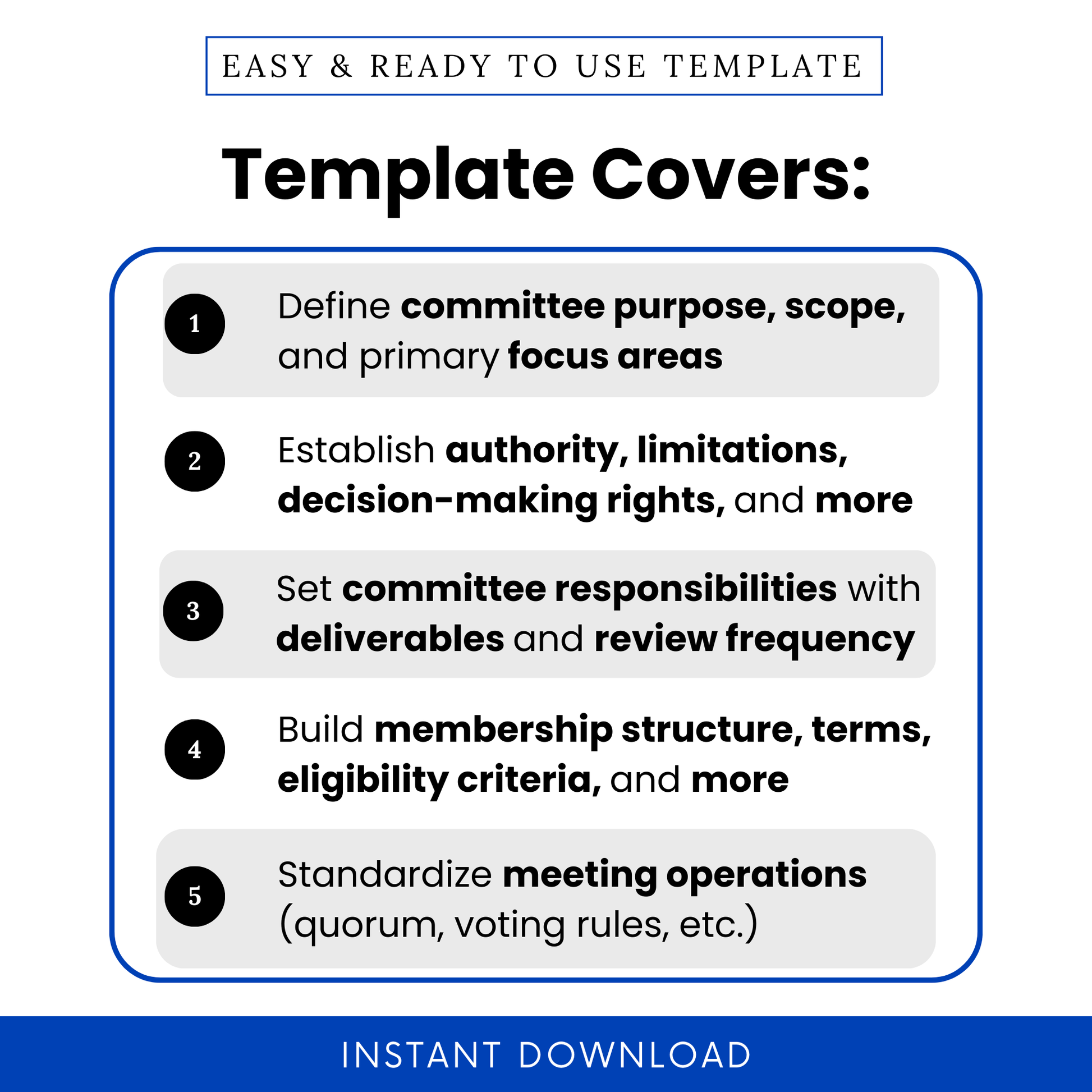 Nonprofit committee charter template outlining purpose, scope, authority, responsibilities, membership structure, and meeting operations for effective board governance