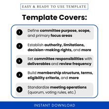 Nonprofit committee charter template outlining purpose, scope, authority, responsibilities, membership structure, and meeting operations for effective board governance