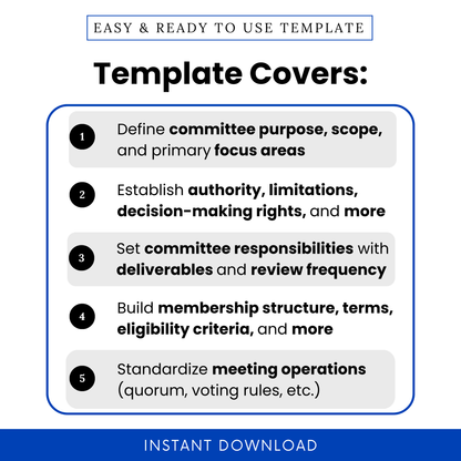Nonprofit committee charter template outlining purpose, scope, authority, responsibilities, membership structure, and meeting operations for effective board governance