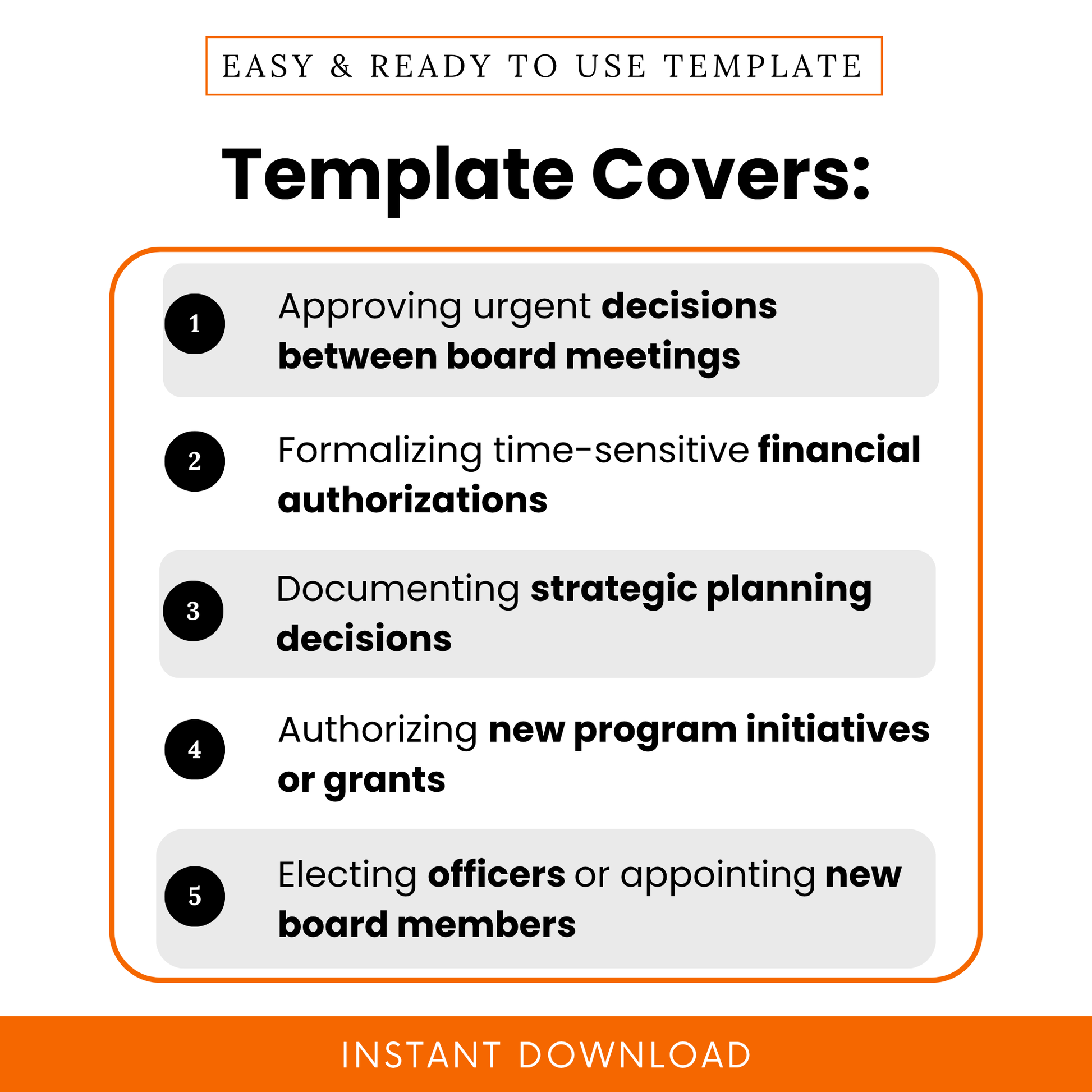Nonprofit board consent template covering urgent decisions, financial approvals, strategic planning, program authorization, and board member elections, professional document layout