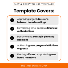 Nonprofit board consent template covering urgent decisions, financial approvals, strategic planning, program authorization, and board member elections, professional document layout