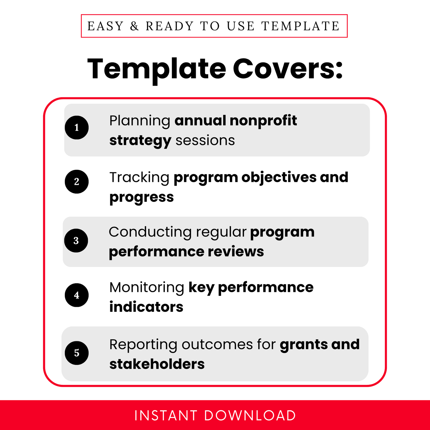 Nonprofit strategy planning and program evaluation template showing uses like tracking objectives, performance reviews, KPI monitoring, and stakeholder reporting for grants