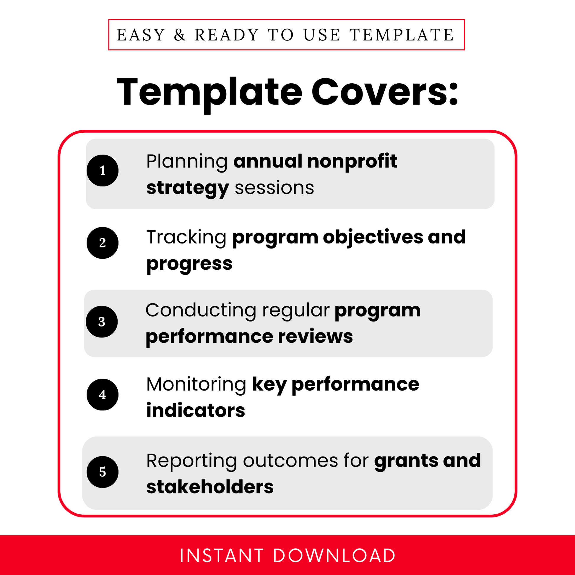 Nonprofit strategy planning and program evaluation template showing uses like tracking objectives, performance reviews, KPI monitoring, and stakeholder reporting for grants
