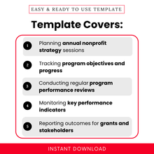 Nonprofit strategy planning and program evaluation template showing uses like tracking objectives, performance reviews, KPI monitoring, and stakeholder reporting for grants