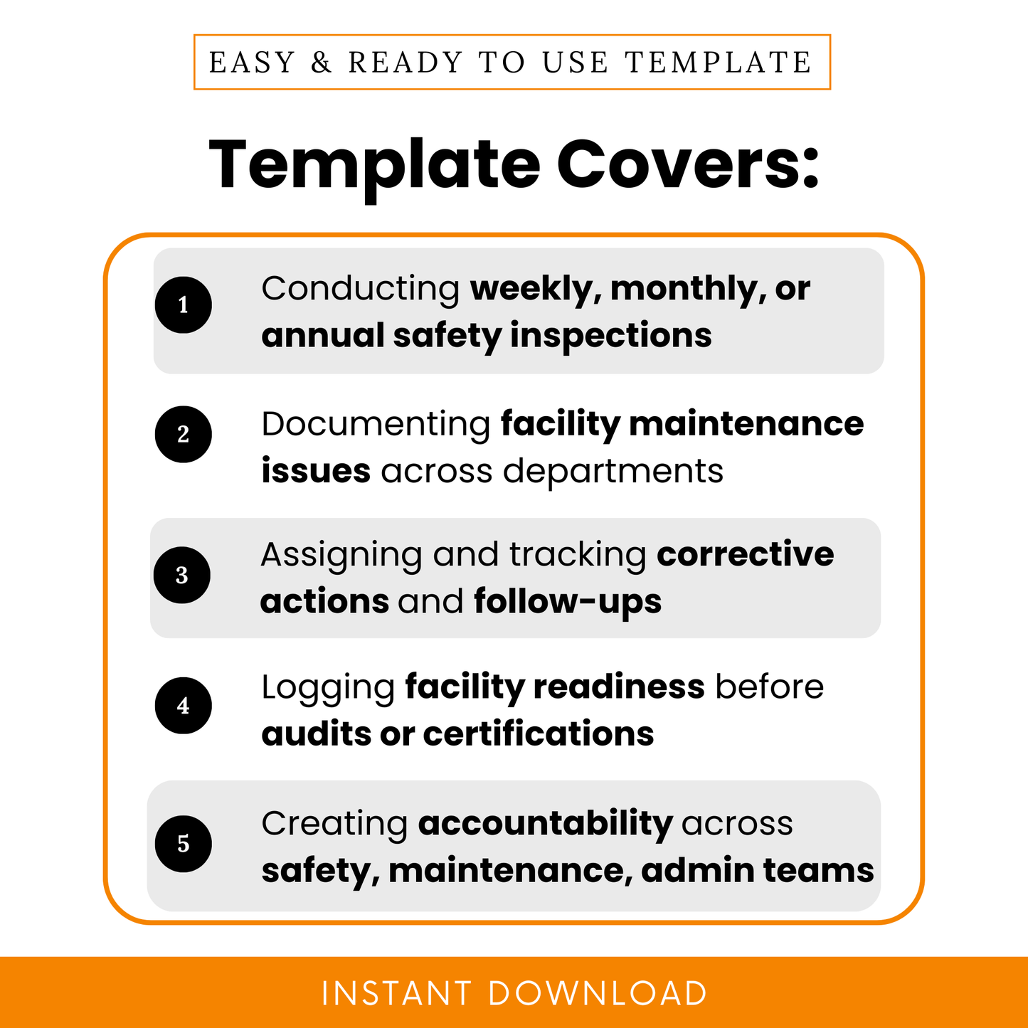 Facility inspection checklist template use cases showing weekly, monthly, and annual inspections, maintenance issue tracking, corrective actions, audit readiness, and team accountability workflow