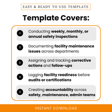 Facility inspection checklist template use cases showing weekly, monthly, and annual inspections, maintenance issue tracking, corrective actions, audit readiness, and team accountability workflow