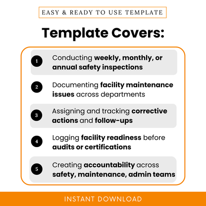 Facility inspection checklist template use cases showing weekly, monthly, and annual inspections, maintenance issue tracking, corrective actions, audit readiness, and team accountability workflow