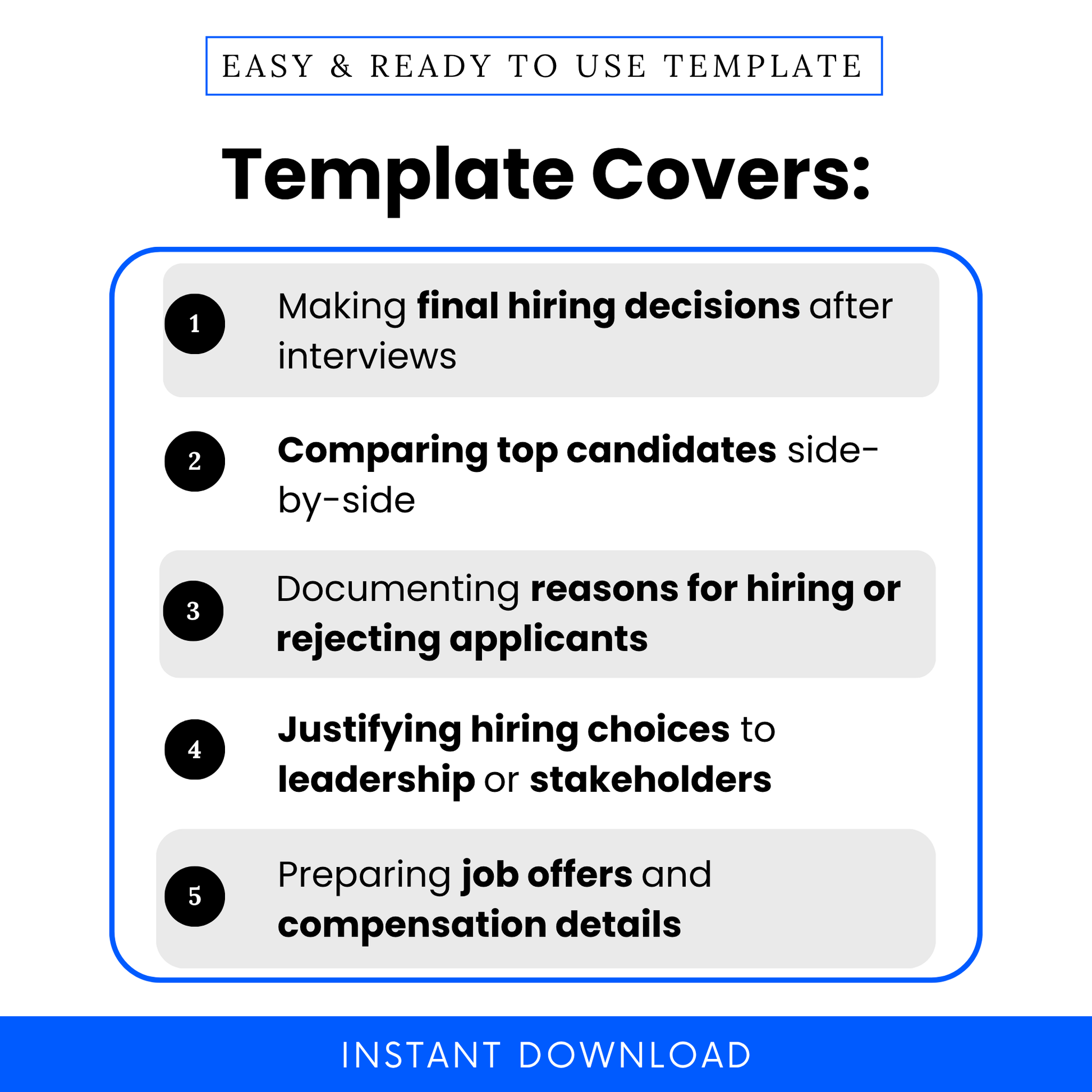 Simple Hiring Decision Form Template highlighting key use cases like final hiring decisions, candidate comparison, and documenting hiring rationale. This Hiring Decision Template PDF is perfect for recruiters and hiring managers needing a clear, structured business template for decision-making.