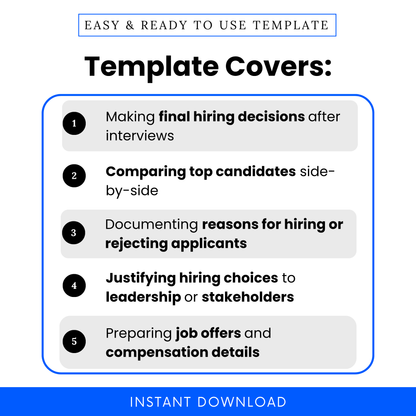 Simple Hiring Decision Form Template highlighting key use cases like final hiring decisions, candidate comparison, and documenting hiring rationale. This Hiring Decision Template PDF is perfect for recruiters and hiring managers needing a clear, structured business template for decision-making.