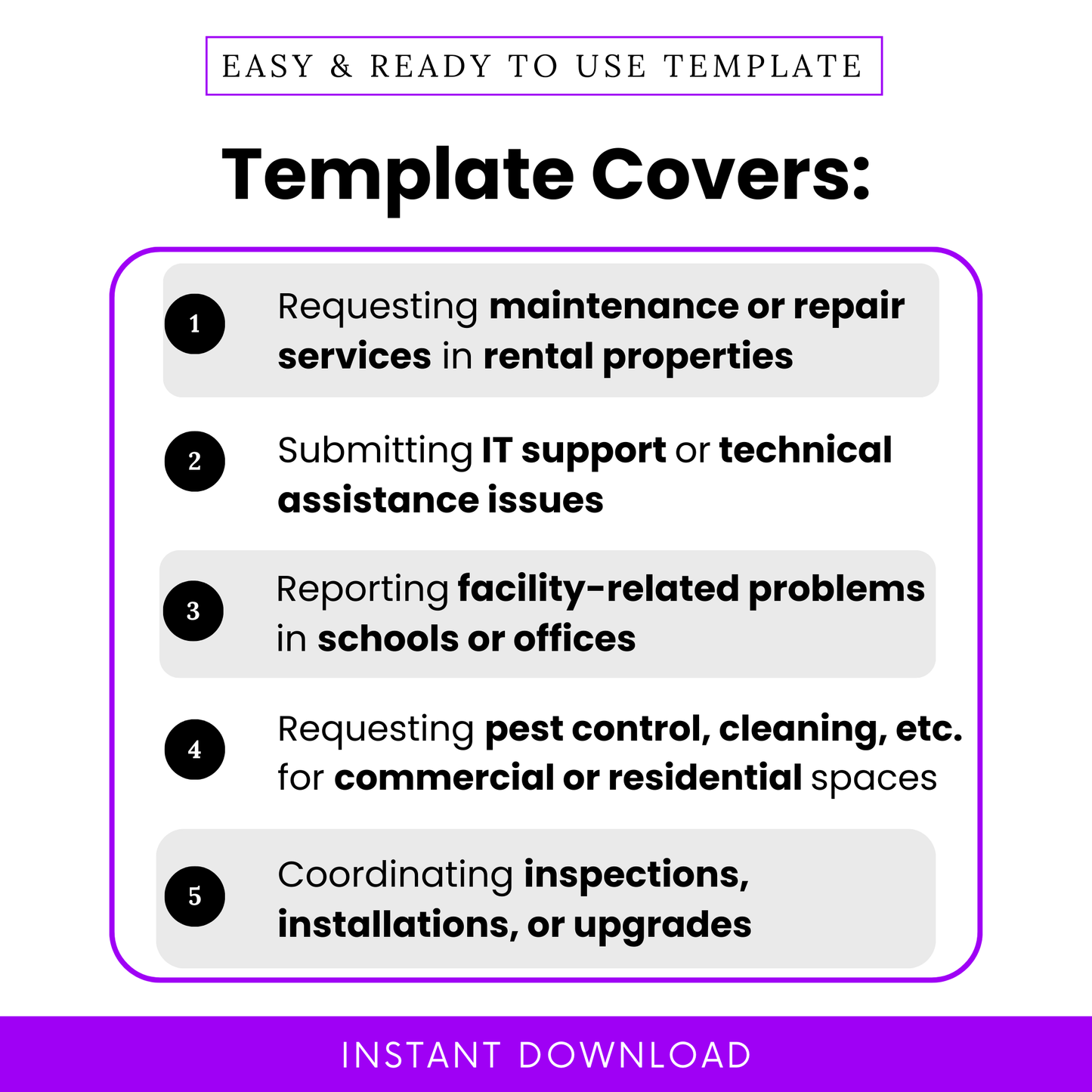 Service request form template for rental property maintenance, IT support tickets, facility issue reporting, pest control and cleaning requests, inspection and installation coordination form