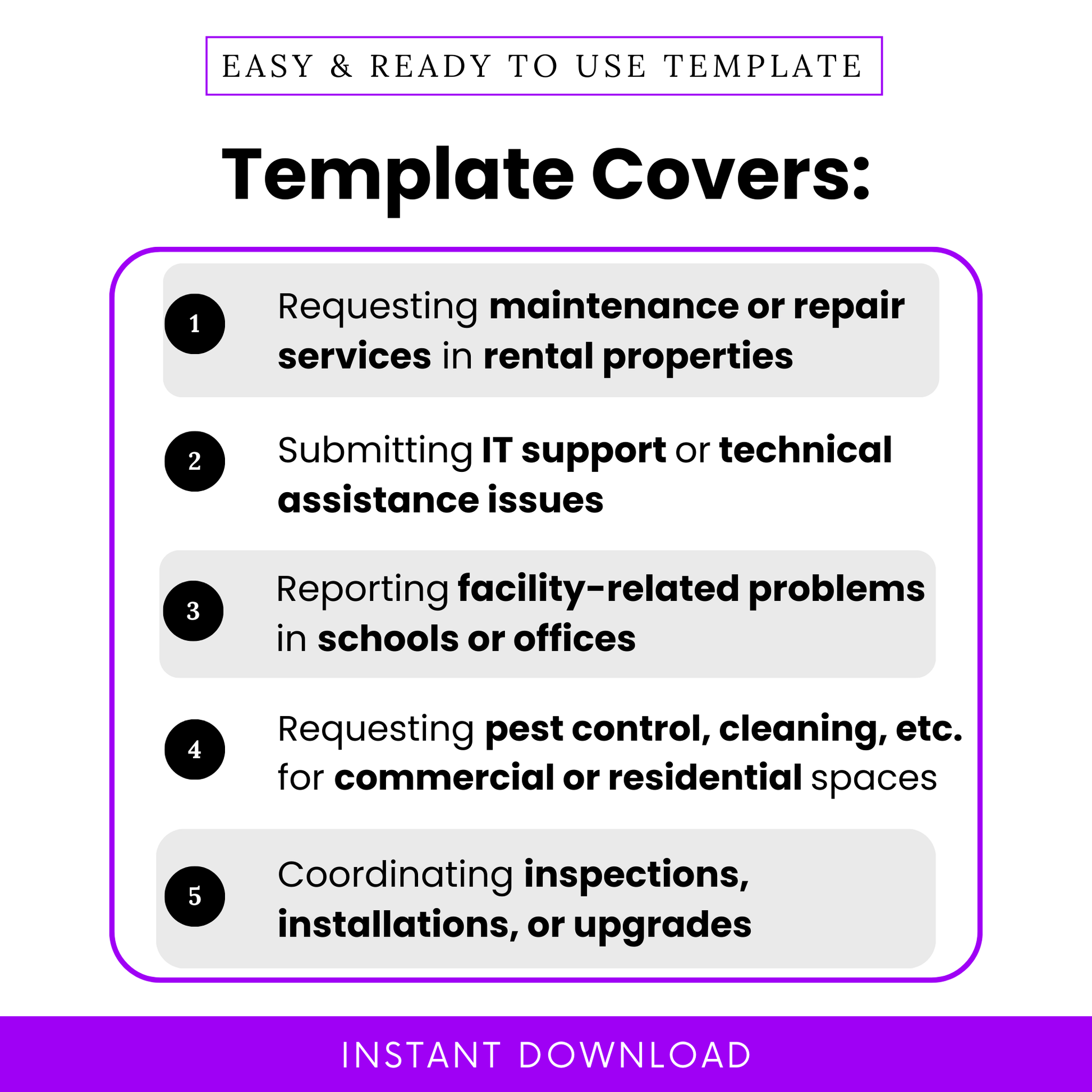 Service request form template for rental property maintenance, IT support tickets, facility issue reporting, pest control and cleaning requests, inspection and installation coordination form