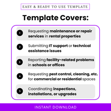 Service request form template for rental property maintenance, IT support tickets, facility issue reporting, pest control and cleaning requests, inspection and installation coordination form