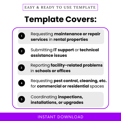 Service request form template for rental property maintenance, IT support tickets, facility issue reporting, pest control and cleaning requests, inspection and installation coordination form