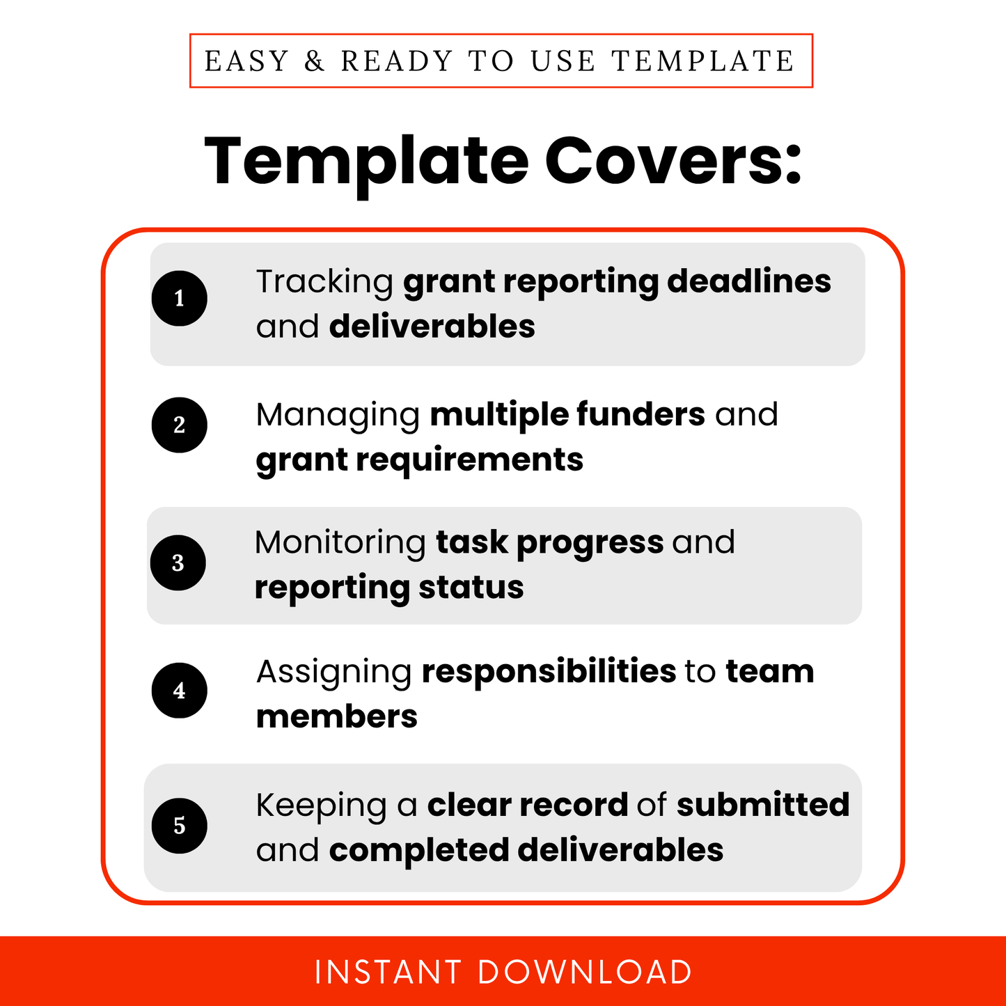 Simple Grant Reporting Calendar Template highlighting key use cases like tracking grant reporting deadlines, managing multiple funders, and monitoring reporting status. This Deliverables Tracker Template helps nonprofits and teams stay organized with an easy-to-use, editable and printable business tool.