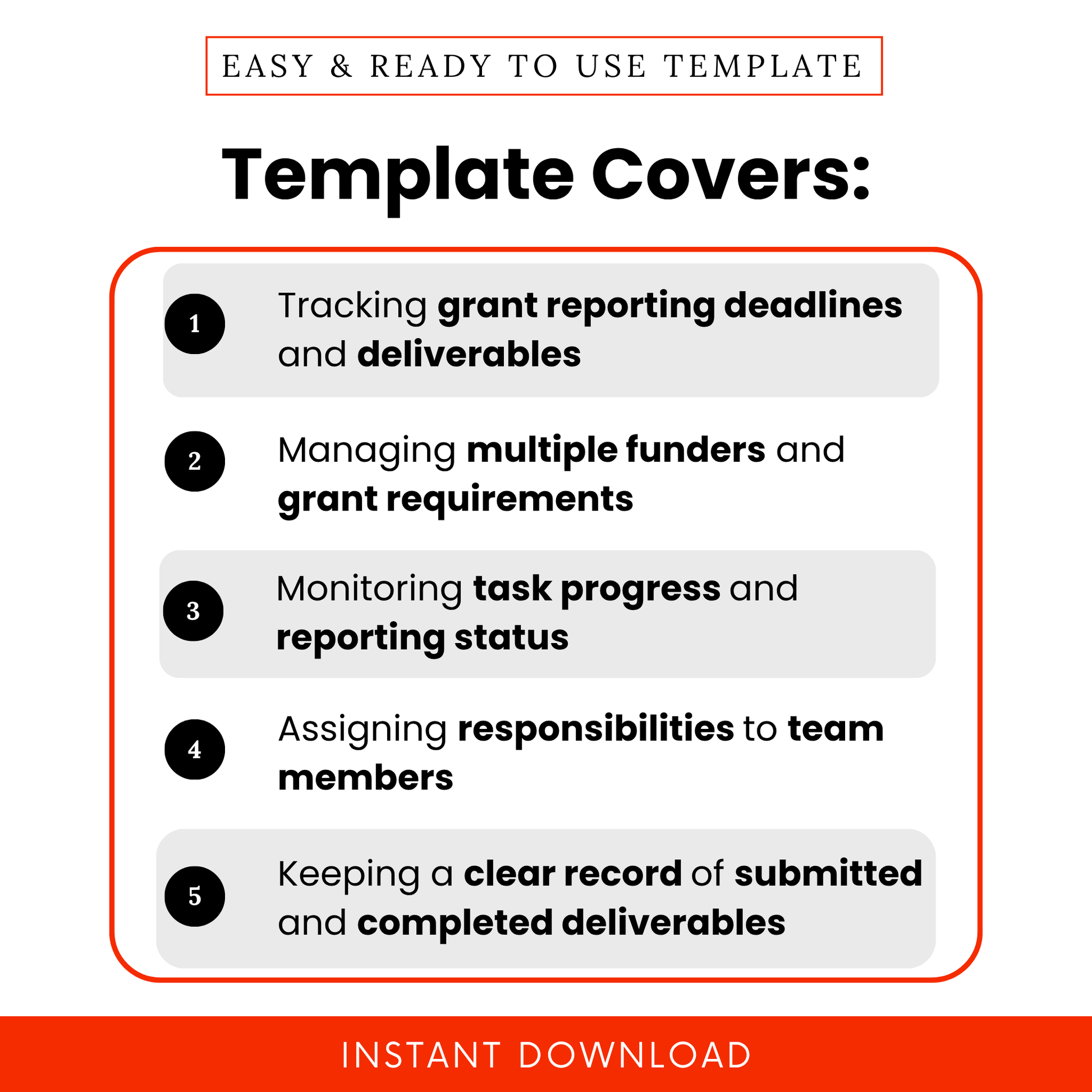 Simple Grant Reporting Calendar Template highlighting key use cases like tracking grant reporting deadlines, managing multiple funders, and monitoring reporting status. This Deliverables Tracker Template helps nonprofits and teams stay organized with an easy-to-use, editable and printable business tool.