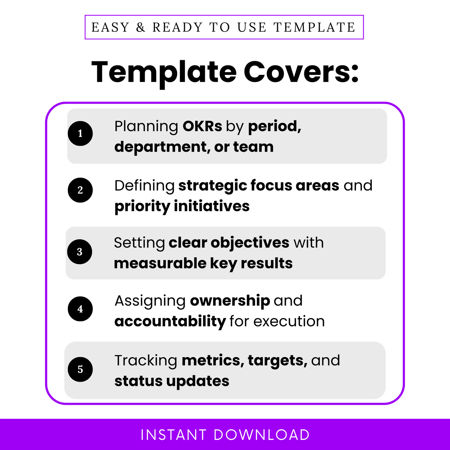 OKR planner template features including goal planning by team or department, defining strategic focus areas, setting measurable objectives and key results, accountability tracking and performance metrics