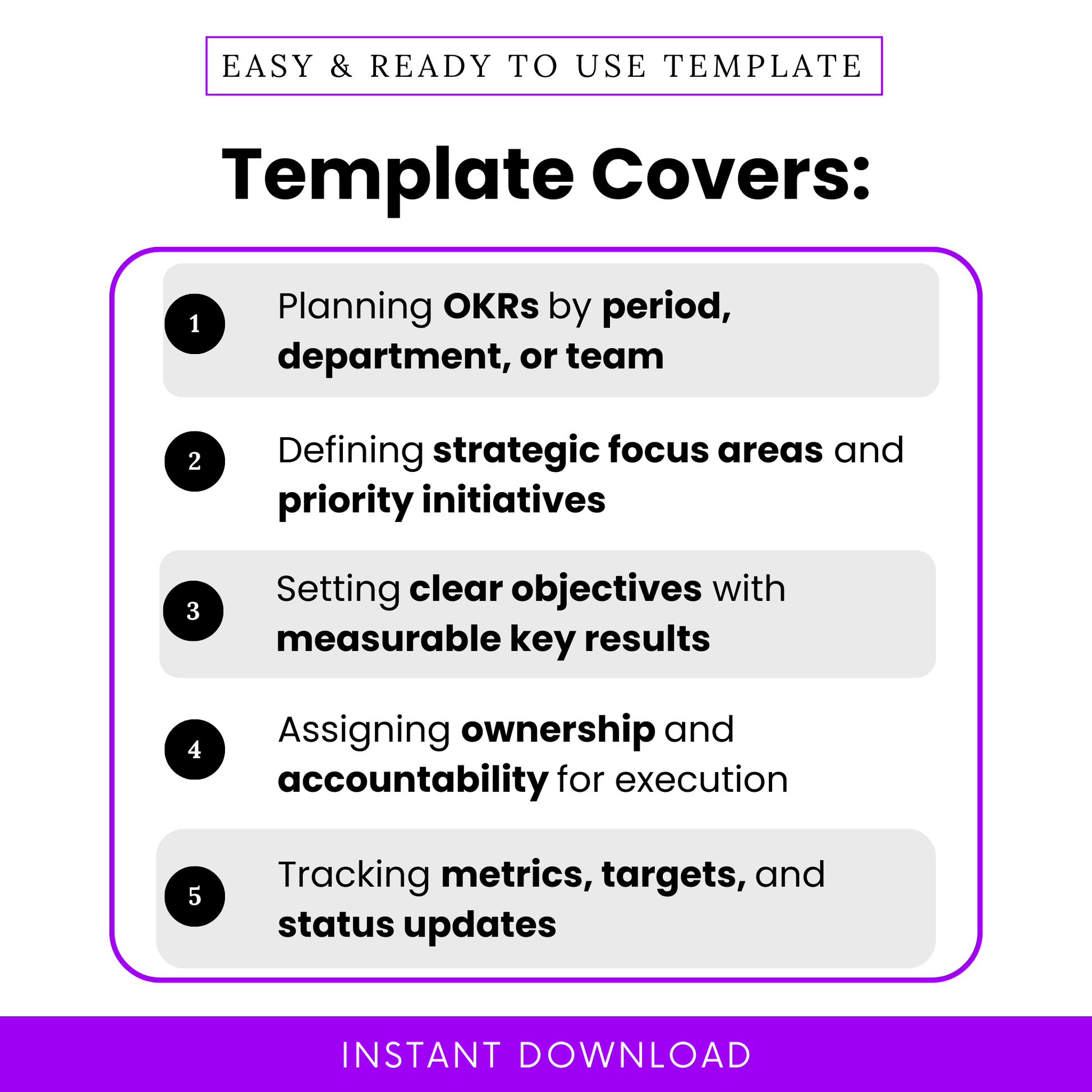 OKR planner template features including goal planning by team or department, defining strategic focus areas, setting measurable objectives and key results, accountability tracking and performance metrics