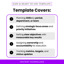 OKR planner template features including goal planning by team or department, defining strategic focus areas, setting measurable objectives and key results, accountability tracking and performance metrics