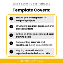 SMART goals worksheet for nonprofits covering goal development, program expansion planning, board training goals, progress tracking, and team alignment with mission and KPIs