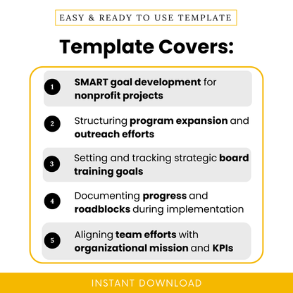 SMART goals worksheet for nonprofits covering goal development, program expansion planning, board training goals, progress tracking, and team alignment with mission and KPIs