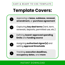 Nonprofit resolution template features showing lease approval, key deal terms, spending limits, authorized signers, and deadline tracking for governance documentation