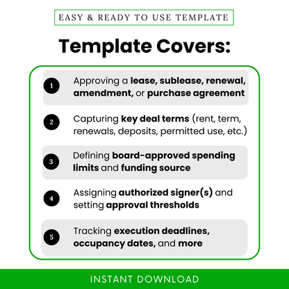 Nonprofit resolution template features showing lease approval, key deal terms, spending limits, authorized signers, and deadline tracking for governance documentation