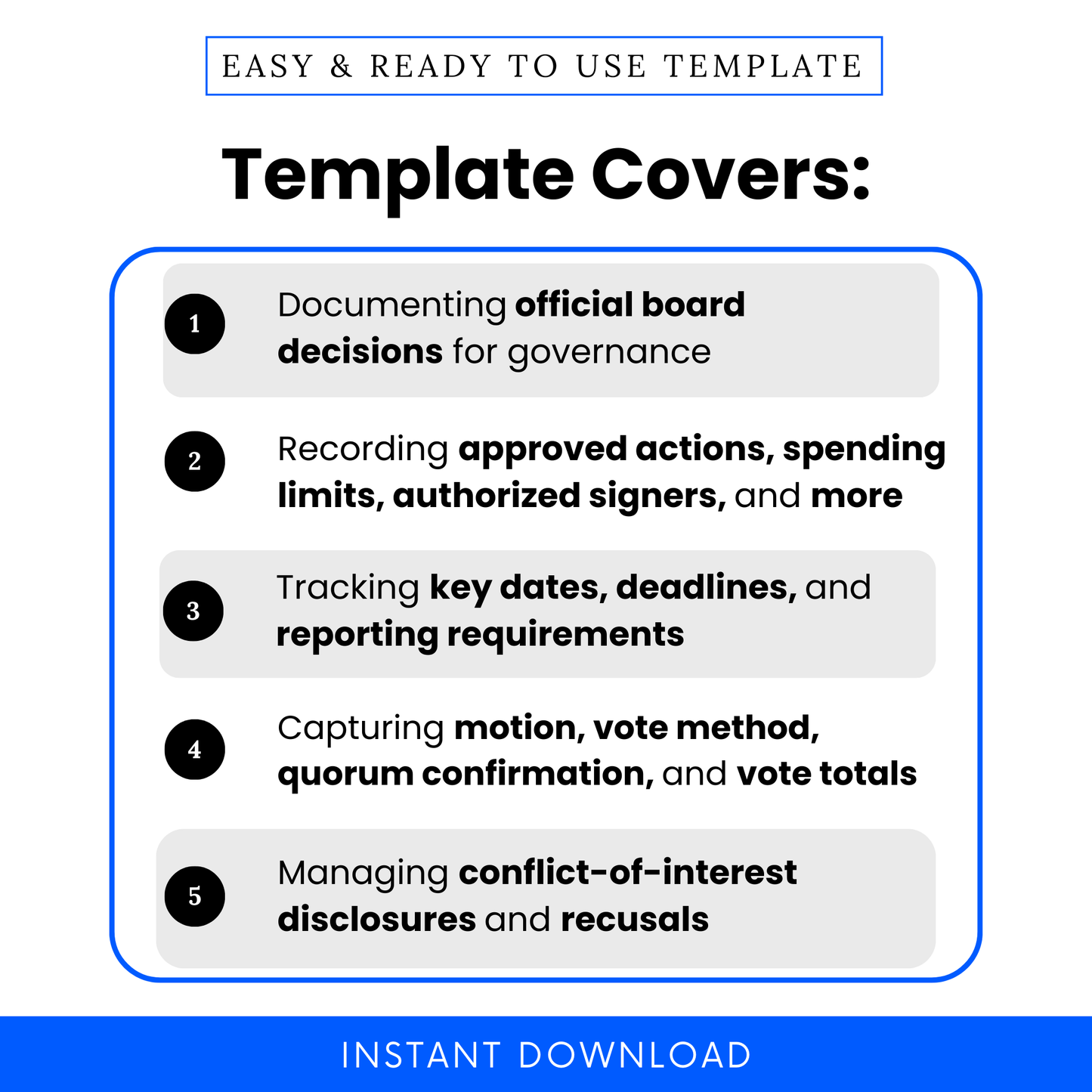 Nonprofit board resolution template features list showing governance documentation, approved actions, spending limits, vote tracking, deadlines, and conflict of interest disclosures