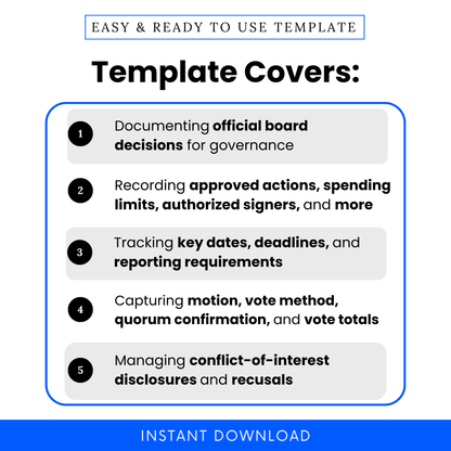 Nonprofit board resolution template features list showing governance documentation, approved actions, spending limits, vote tracking, deadlines, and conflict of interest disclosures