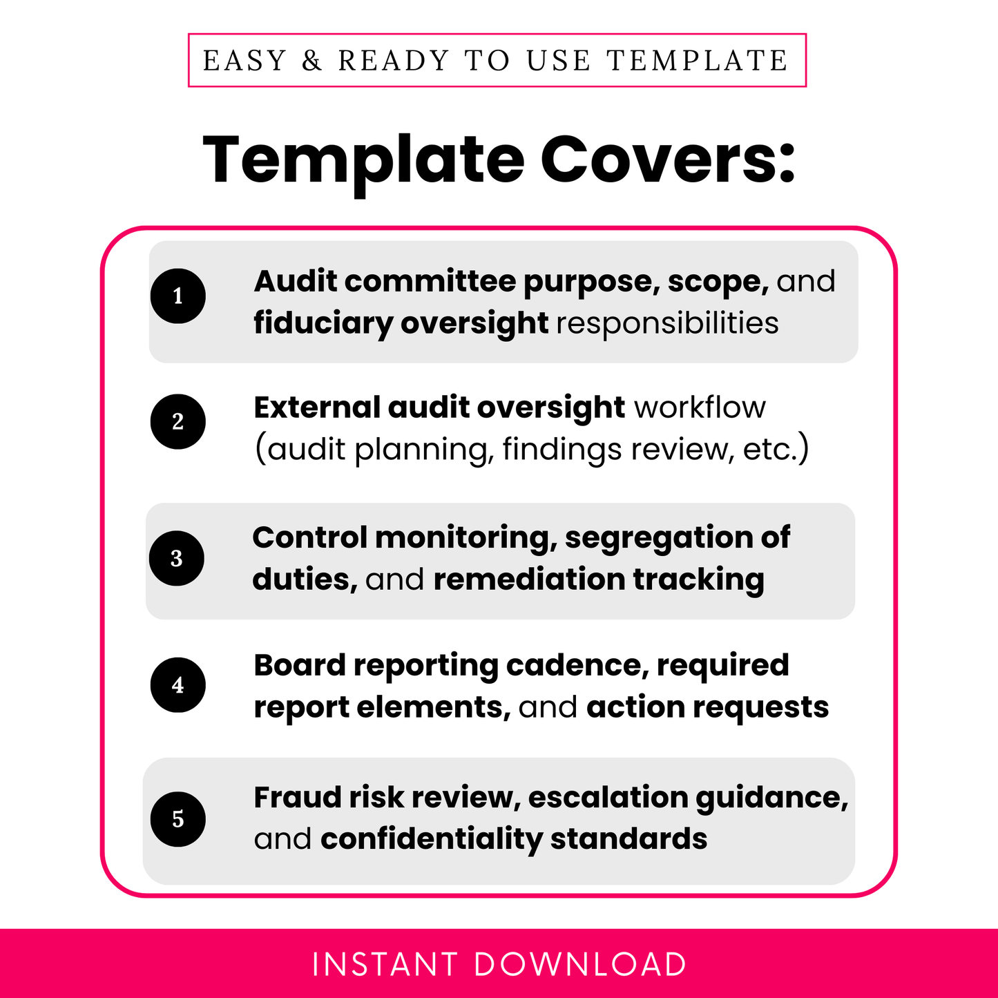 Audit committee charter template features list including purpose, scope, fiduciary oversight, audit workflow, internal controls, board reporting, and fraud risk management for nonprofits
