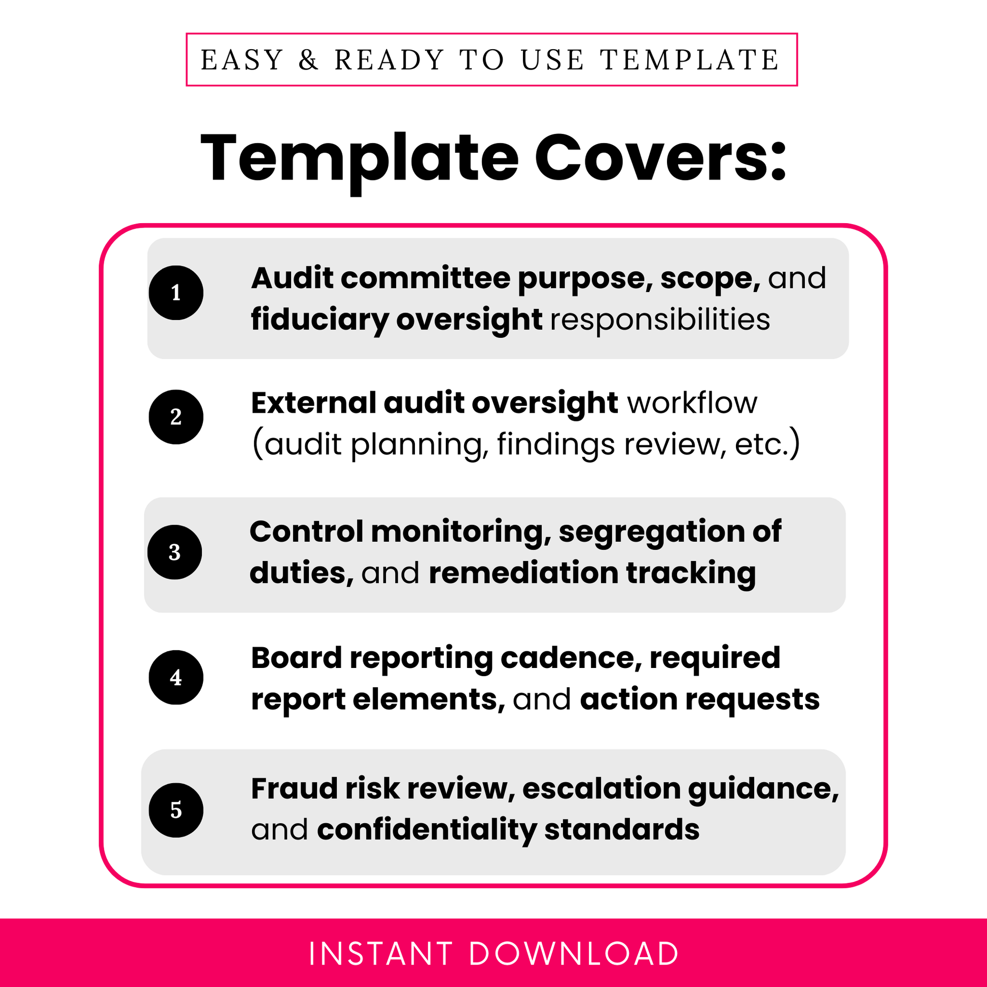 Audit committee charter template features list including purpose, scope, fiduciary oversight, audit workflow, internal controls, board reporting, and fraud risk management for nonprofits