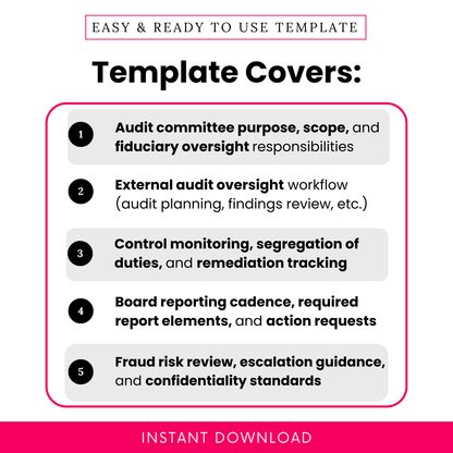 Audit committee charter template features list including purpose, scope, fiduciary oversight, audit workflow, internal controls, board reporting, and fraud risk management for nonprofits