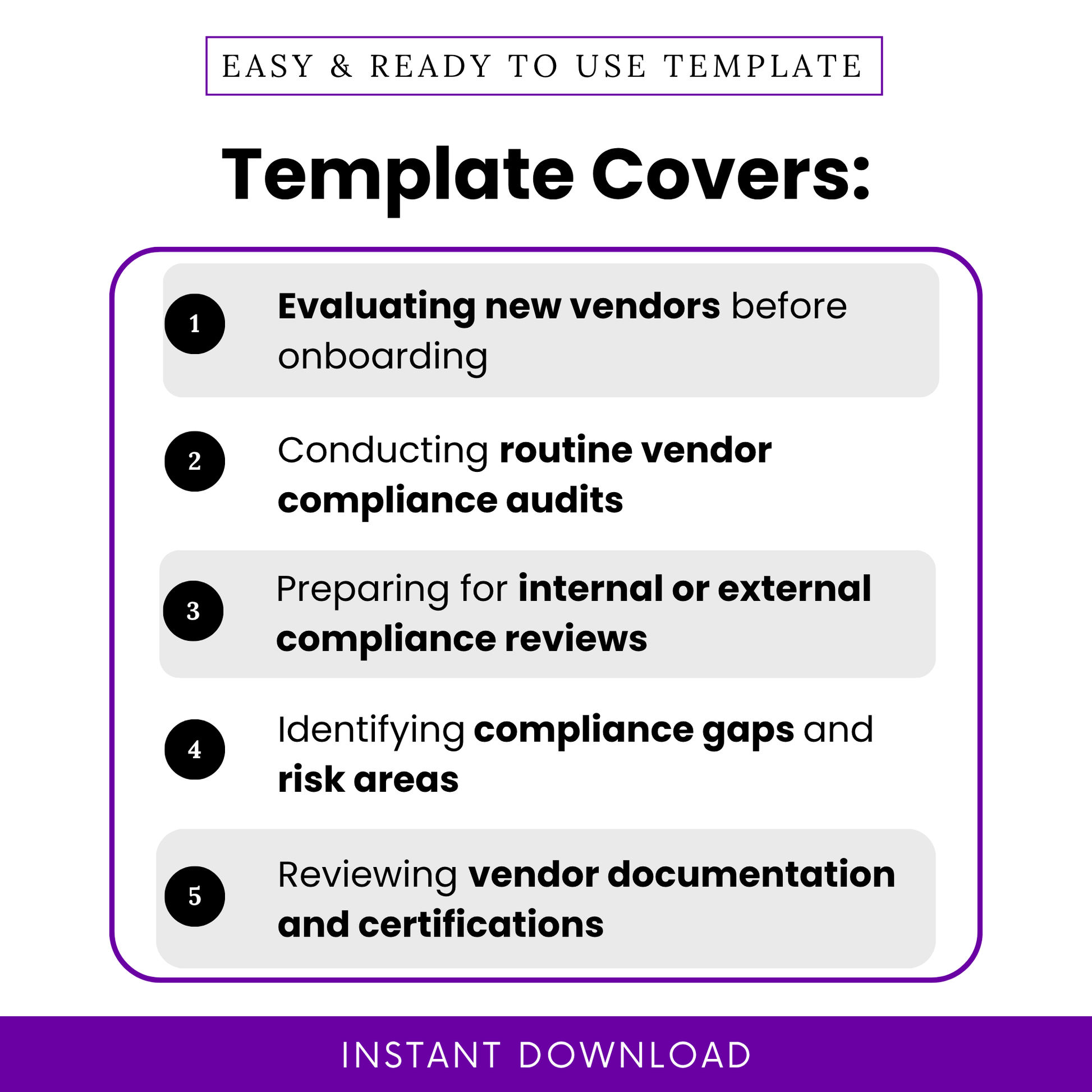 Simple Vendor Compliance Review Checklist Template showing key use cases like onboarding vendors, compliance audits, and documentation review. This Vendor Compliance Template PDF helps businesses streamline processes, identify risks, and stay audit-ready.