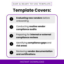 Simple Vendor Compliance Review Checklist Template showing key use cases like onboarding vendors, compliance audits, and documentation review. This Vendor Compliance Template PDF helps businesses streamline processes, identify risks, and stay audit-ready.