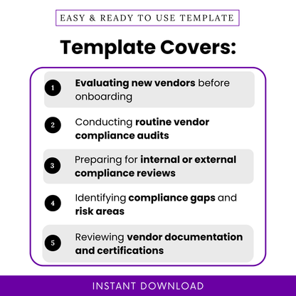 Simple Vendor Compliance Review Checklist Template showing key use cases like onboarding vendors, compliance audits, and documentation review. This Vendor Compliance Template PDF helps businesses streamline processes, identify risks, and stay audit-ready.