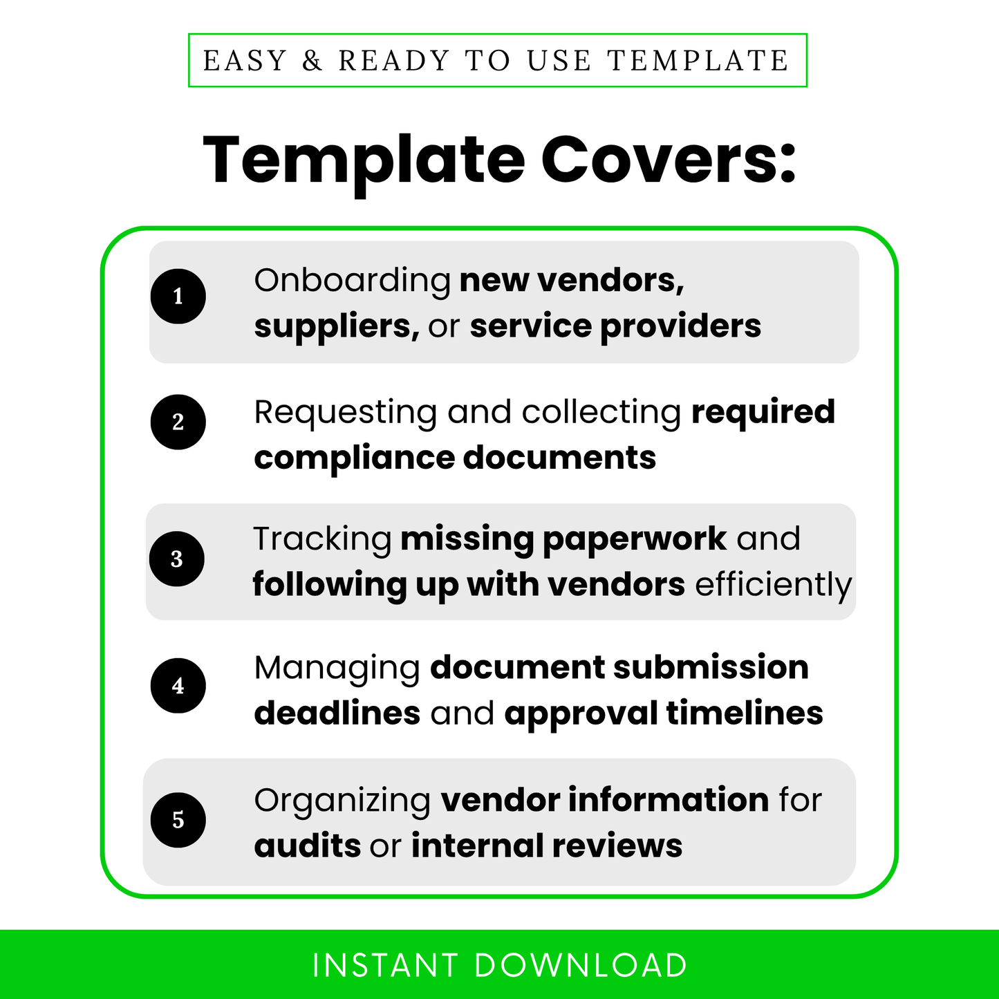 Simple Vendor Document Request List Template highlighting real-life use cases like onboarding new vendors, tracking compliance documents, and managing submission deadlines. This editable vendor checklist template helps businesses streamline supplier onboarding and reduce missing paperwork.