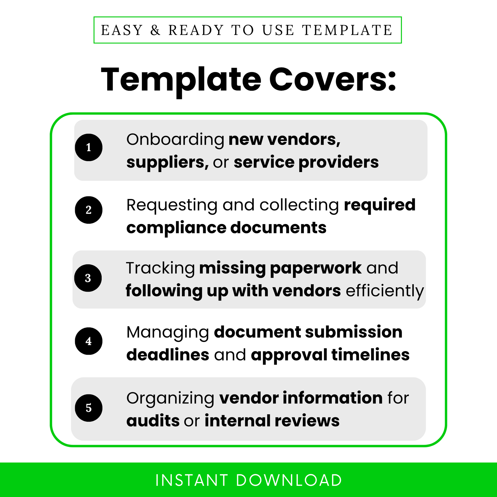 Simple Vendor Document Request List Template highlighting real-life use cases like onboarding new vendors, tracking compliance documents, and managing submission deadlines. This editable vendor checklist template helps businesses streamline supplier onboarding and reduce missing paperwork.