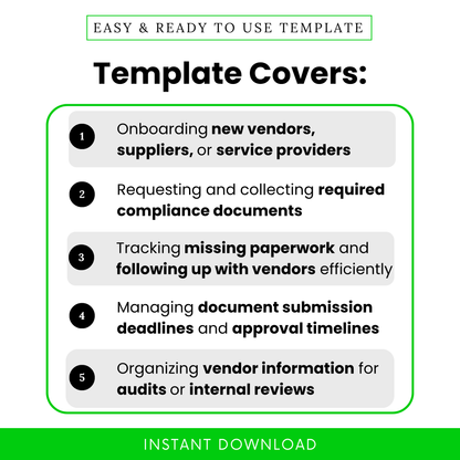 Simple Vendor Document Request List Template highlighting real-life use cases like onboarding new vendors, tracking compliance documents, and managing submission deadlines. This editable vendor checklist template helps businesses streamline supplier onboarding and reduce missing paperwork.