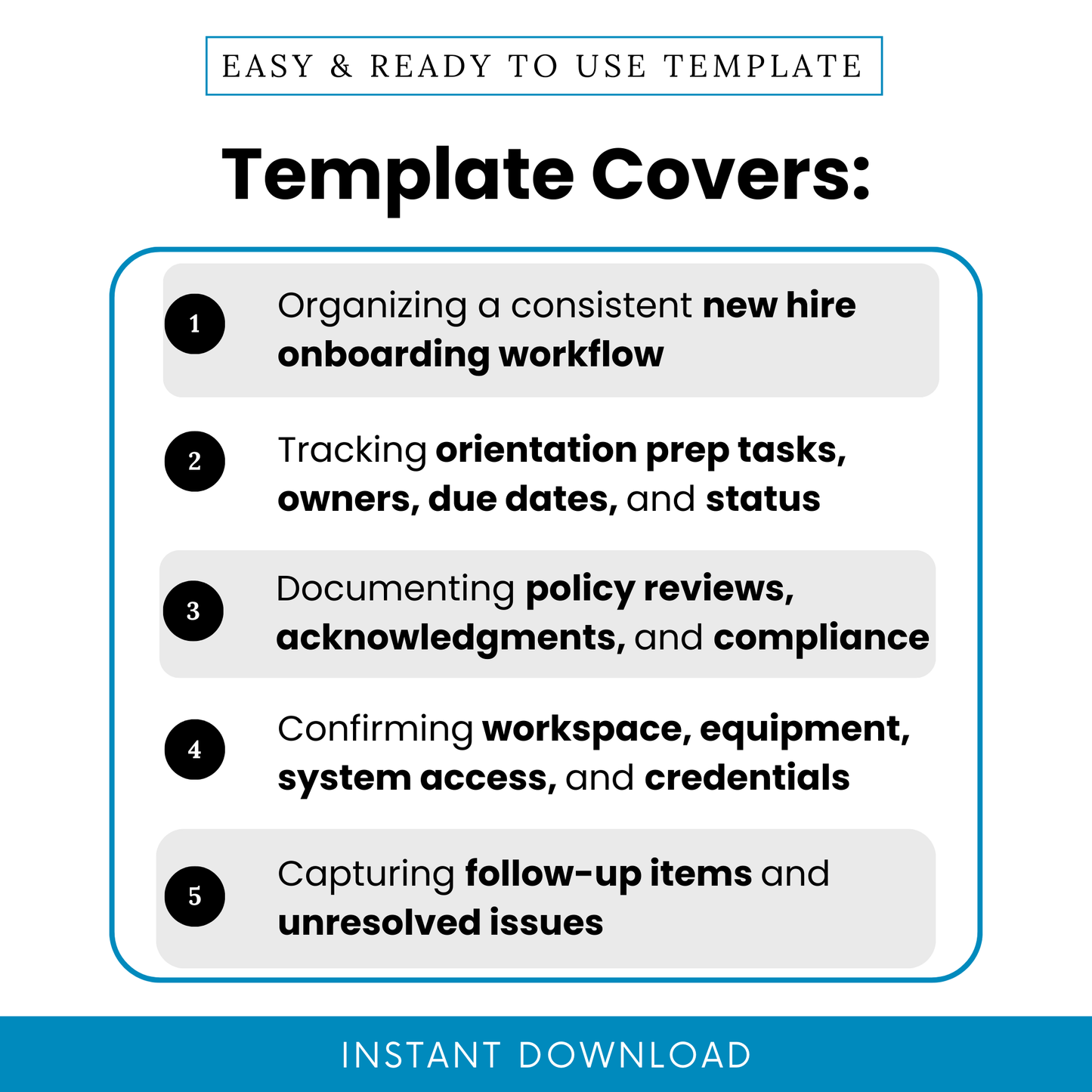 Infographic showing onboarding checklist template benefits including organizing new hire workflow, tracking tasks and deadlines, documenting HR compliance, managing workspace setup, and follow-up tracking